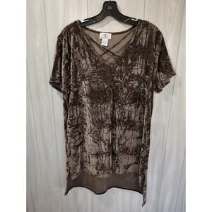 OSO Casuals Crushed Velvet Keyhole Top Short Sleeve Size L